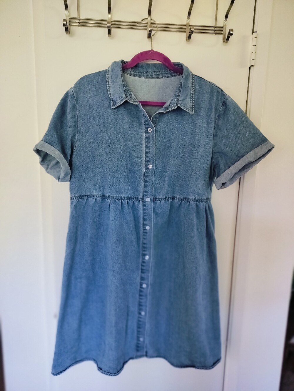 Women’s Tiered Denim Smock Dress Short Cuff Sleeve Button-Down Sun Dress size L